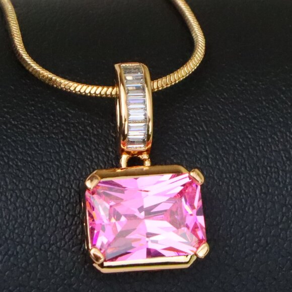 "Chic Pink Emerald Cut Pendant with Baguette Bail in Rose Gold Tone, XPPT1780 - Picture 1 of 13